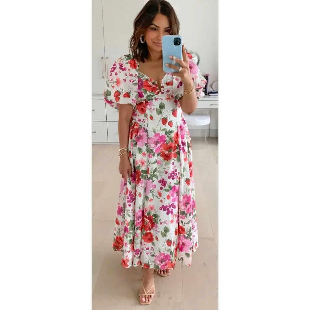 Abercrombie Maxi Dress Strawberry Floral Print Puff Sleeve Sweetheart Neck XS